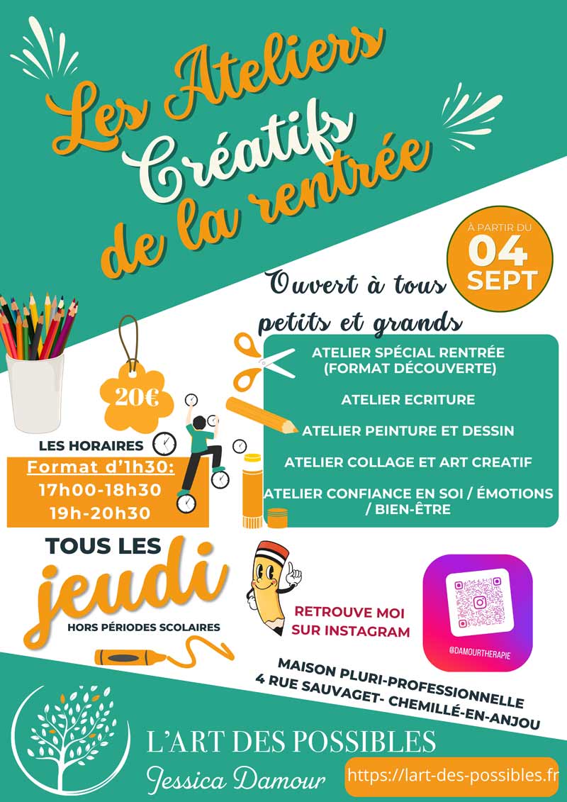 Affiche des ateliers créatifs de L'Art des Possibles pour la rentrée 2025 Affiche des ateliers créatifs de L'Art des Possibles pour la rentrée 2025